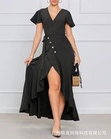 womens ruffle dresses casual short ruffle sleeve dress with buttons 2021 summer front high slit dress