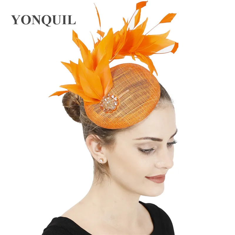 

Women Sinamay Orange Hat Fascinator Accessories Bride Wedding Race Headwear Nice Feather Fancy Show Hair Accessories Headband