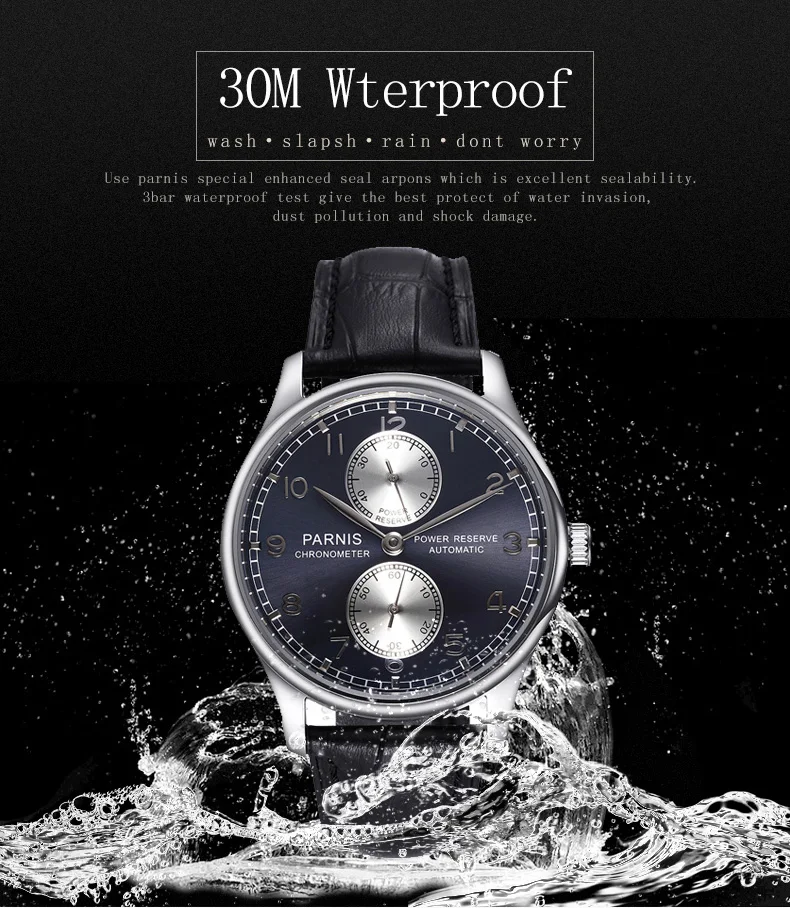 Parnis 43mm Silver Case Automatic Mechanical Men's Watch Power Reserve Black Leather Strap Men Watches heren horloge Luxury