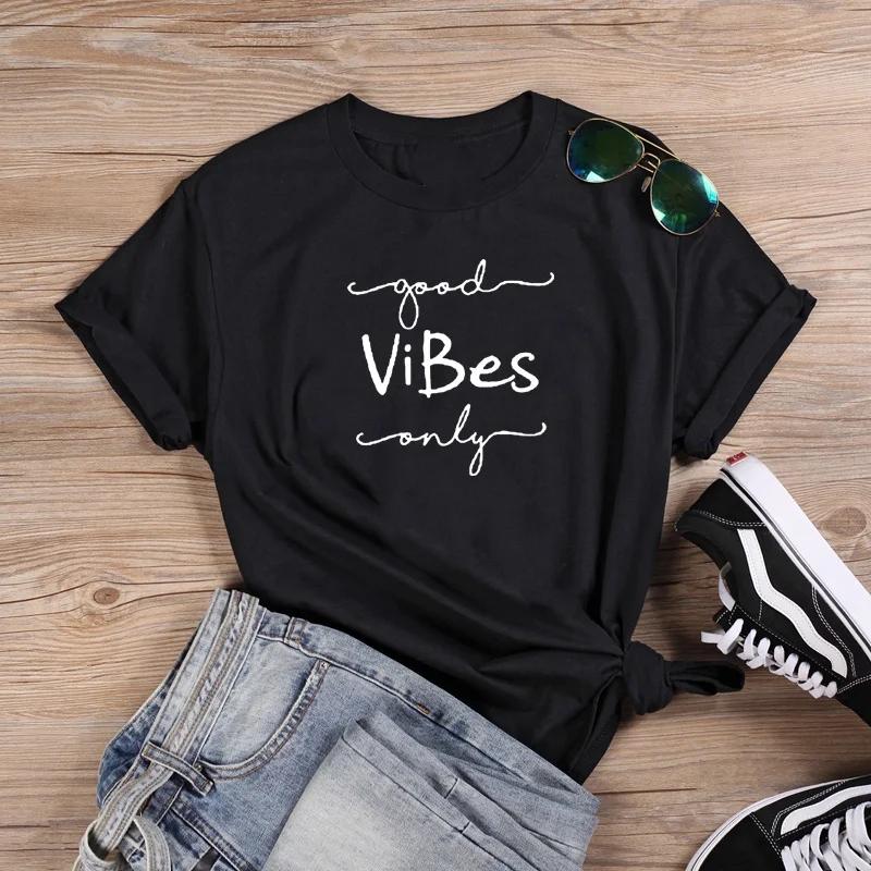 Модная женская футболка GOOD VIBES летняя хлопковая женский топ с круглым вырезом в
