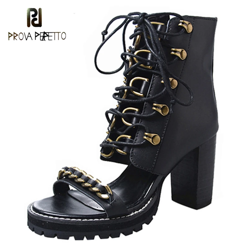 

cowhide leather sandal shoe lace-up platform thick-heeled high-heel sandals chain strap open toe sandalias