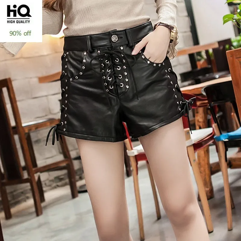Новые дизайнерские шорты из натуральной кожи с заклепками на шнуровке женские
