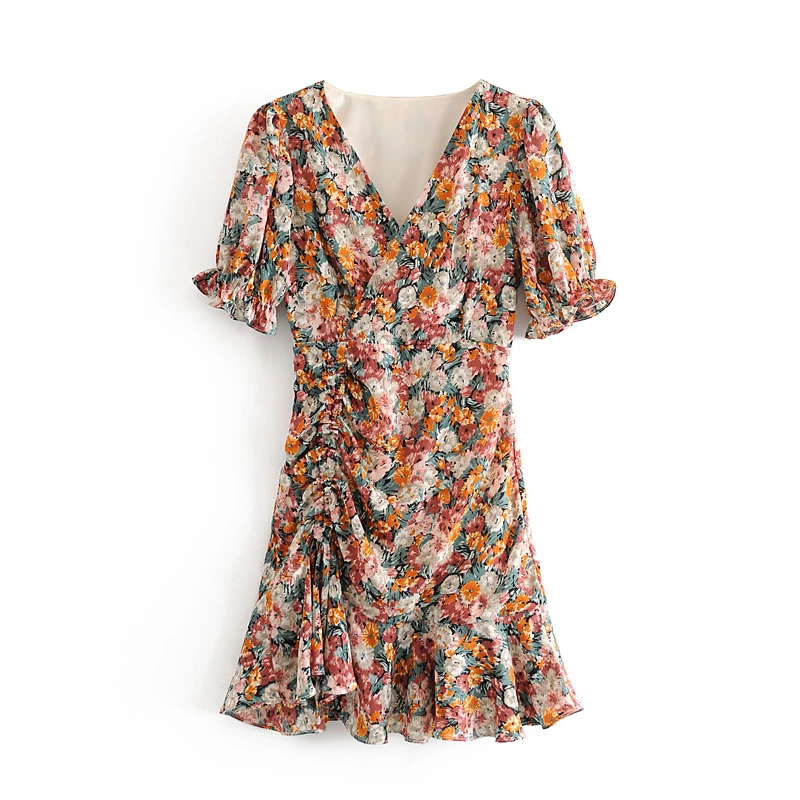 

Vintage Floral Print Dresses Women Drawstring Draped Ruffle Sweet Lady V Neck Short Sleeve Summer Chiffon Mini Vestido NZ0213