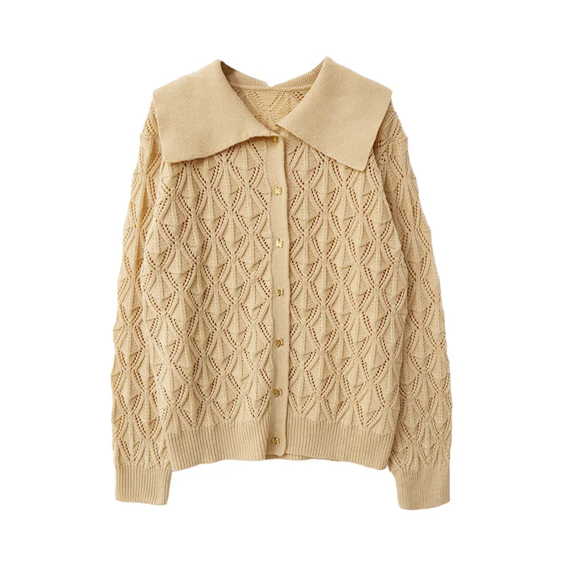 

2021 Spring New Crocheted Long-sleeved Lapel Sweater Pure Color Temperament Loose Simple Knitted Cardigan Women