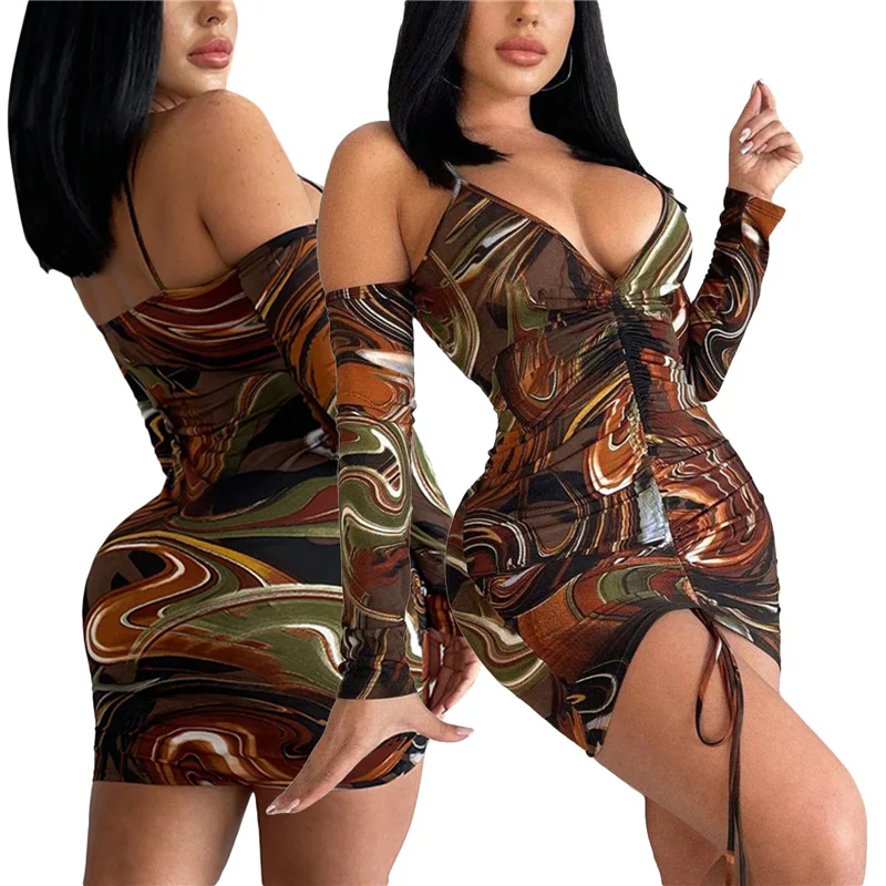 

Women’s Casual Long Sleeve Skinny Dress Fashion Water Ripple Print V-neck Drawstring Short Dress