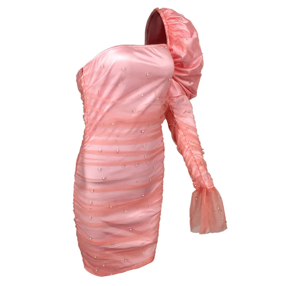 Pink One Shoulder Cocktail Party Dress Sexy Beads Ladies Short Fashion Pearl Mesh Bubble Sleeve Summer Women Robes | Свадьбы и