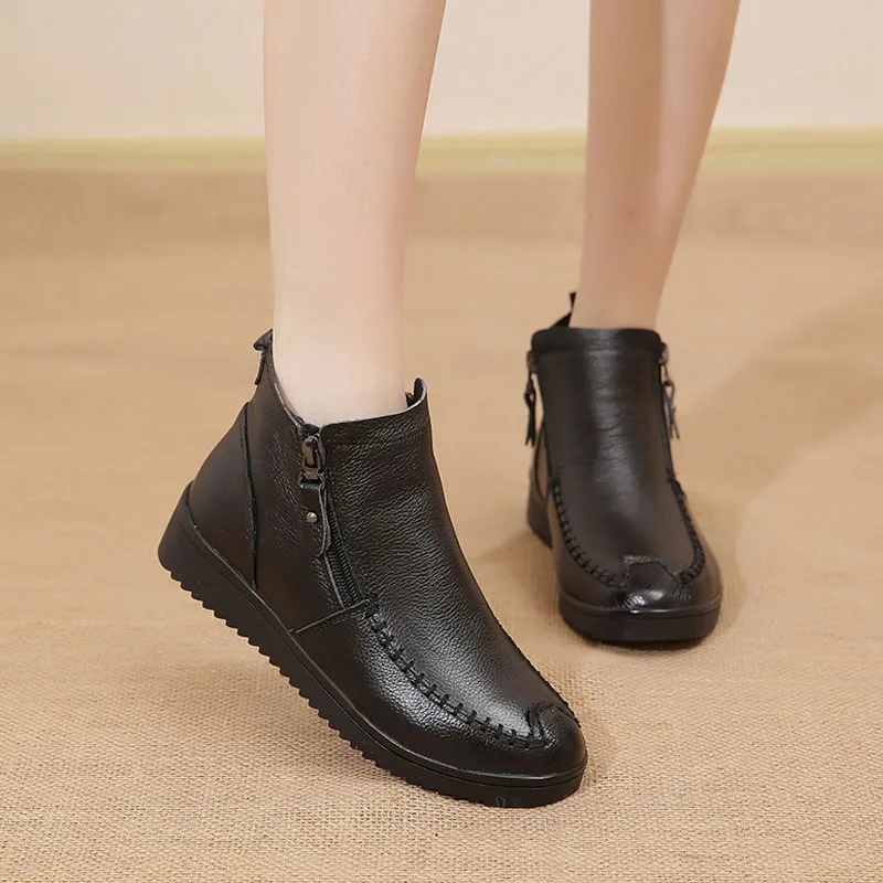 

DRKANOL Handmade Women Winter Snow Boots Double Zipper Genuine Leather Plush Warm Cotton Shoes Women Ankle Boots Big Size 41