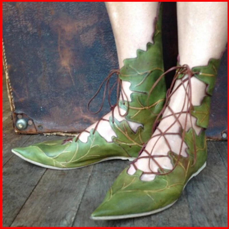 Женская обувь в готическом средневековом ретро стиле со шнуровкой виде листьев