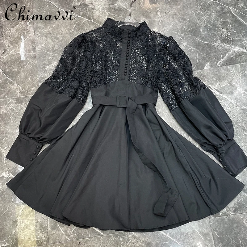 

2021 Women's Clothing Spring New Elegance Retro Long Sleeve High-waist Slim Dress Fashion Hollowed-out Crocheted Lace Dress
