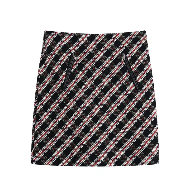 

Женская твидовая юбка с завышенной талией, элегантная клетчатая Повседневная мини-юбка на молнии, осень 2021
