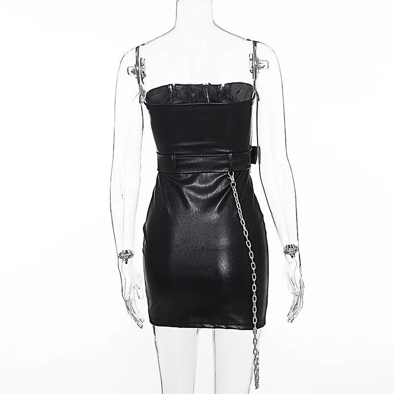 

FSNFOX Mall Goth Backless PU Leather Zipper Dress Streetwear Punk Sleeveless Sexy Chest Wrapping Belt Dresses Party Club Wear