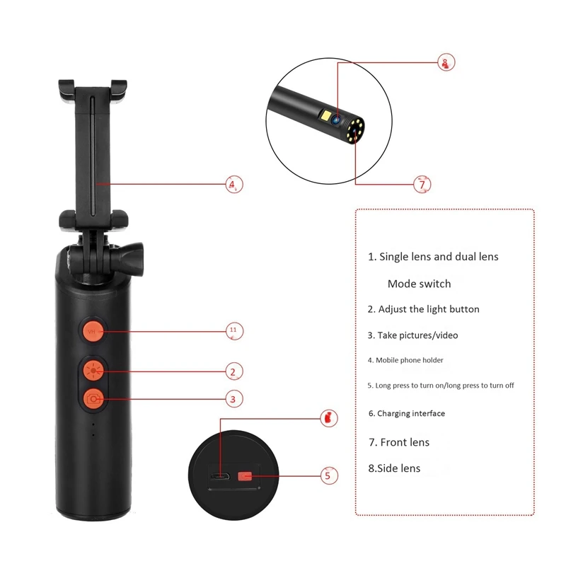 

Wifi Dual Lens Endoscope 2MP 1080P 8mm HD Endoscope 3Meter Pipe Endoscope with 9 LED Lights for Android IOS Tablet