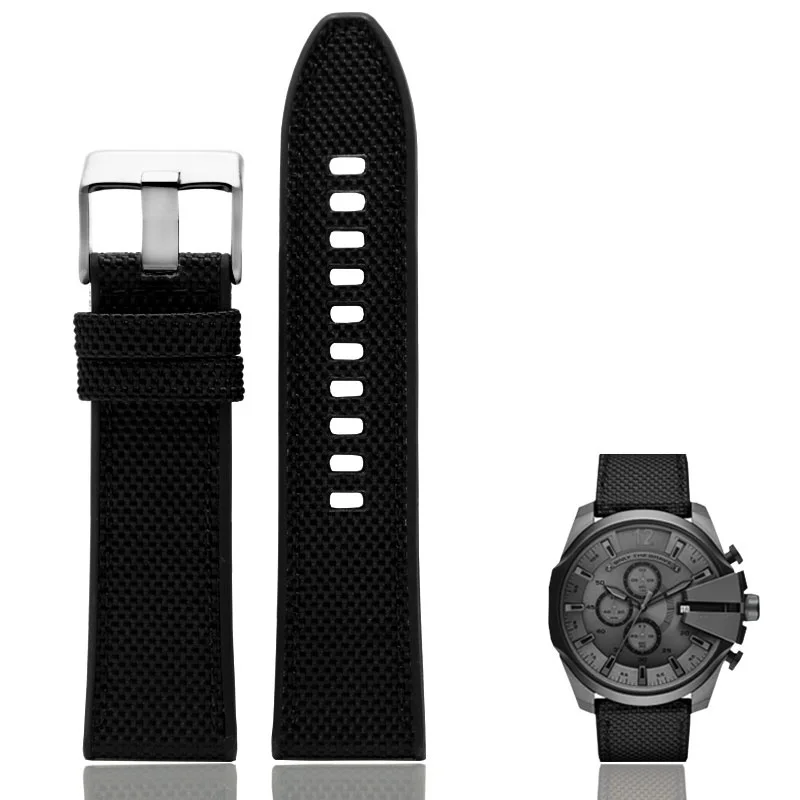 black silver buckle Двухсторонний холщовый ремешок для часов с силиконовым ремешком для дизельного DZ4512 DZ7420 DZ4500 DZ4506 ремешок для часов 24 28 мм браслет для часов - Цвет ремешка: black silver buckle