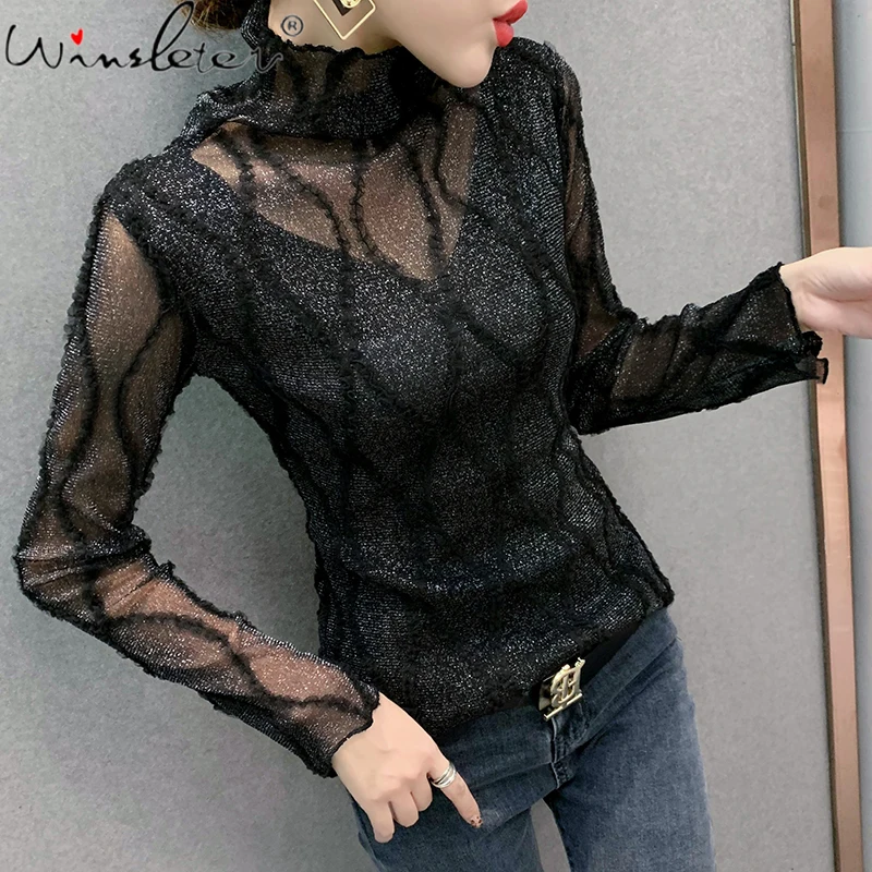 

Весенний и осенний сезон, Корейская Стиль Футболка модная одежда для девочек с высоким воротом пикантные блестящие в сетку, сужающаяся к та...