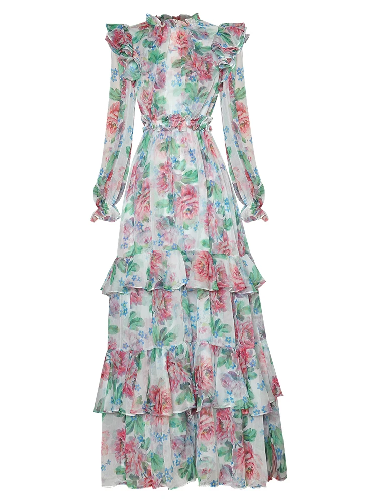 

Женское длинное платье с цветочным принтом, Повседневное Платье макси с длинным рукавом и принтом зеленых листьев, лето 2021