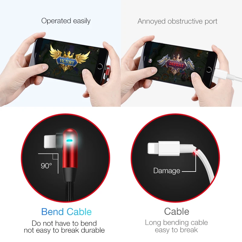 Cafele 90 градусов светодиодный usb кабель для IPhone 11 Pro X Xs Max 8 7 6s Plus мобильный игровой