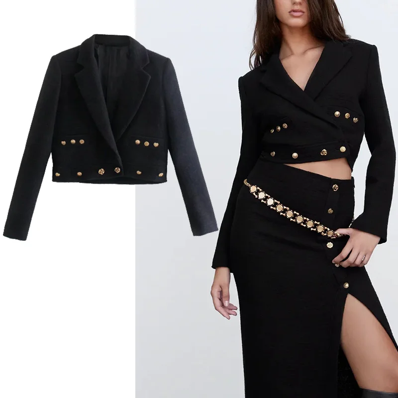 

Женский короткий Блейзер на пуговицах Za, повседневный офисный пиджак с длинным рукавом, 2021