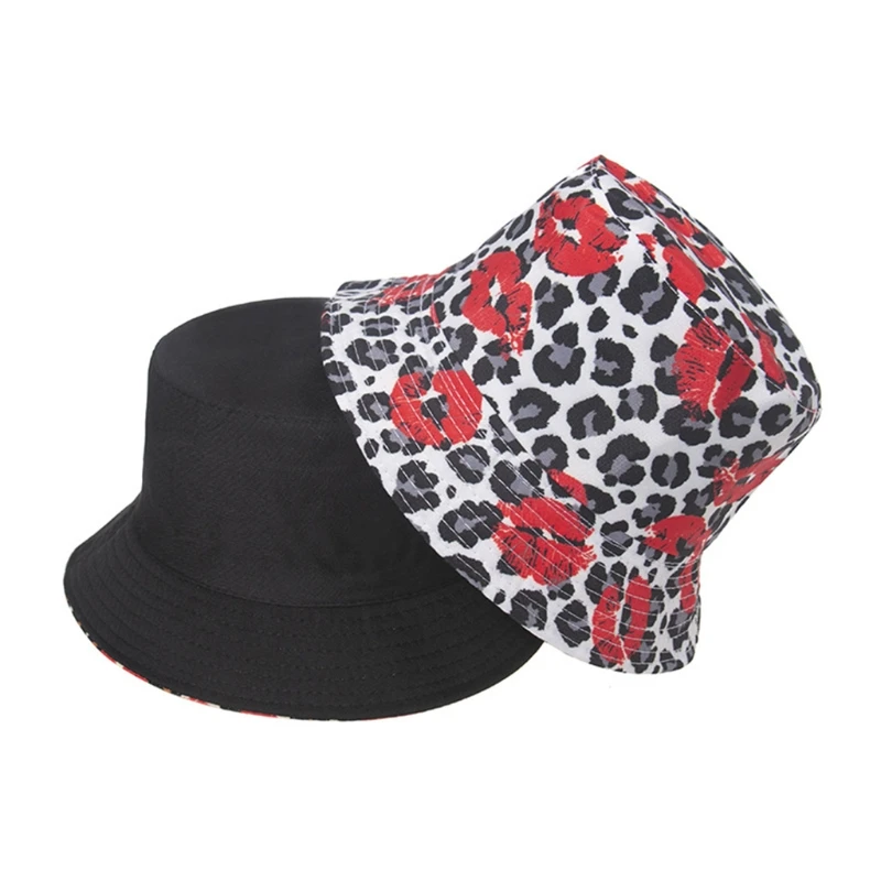 

Unisex Summer Reversible Double Sided Bucket Hat Boho Leopard Lips 3D Print Wide Brim Sunscreen Panama Fisherman Cap