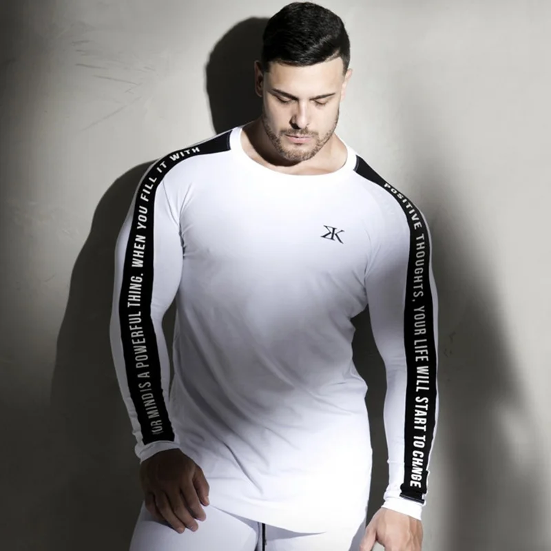 white 02 Новые спортивные мужские s рубашки для тренировки с длинными рукавами, футболки для бега, спортивный хлопковый топ, эластичная спортивная одежда, мужская футболка с принтом больших размеров - Цвет: white 02