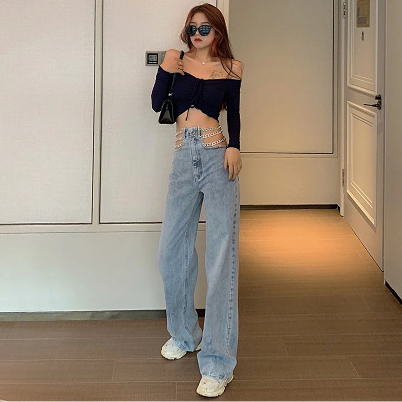 

2021 streetwear Side Cross Chain Hollow Out Wide-leg Women's Jeans High Waist Pants Sexy Elegant Ladies Europe Fashion Jeans