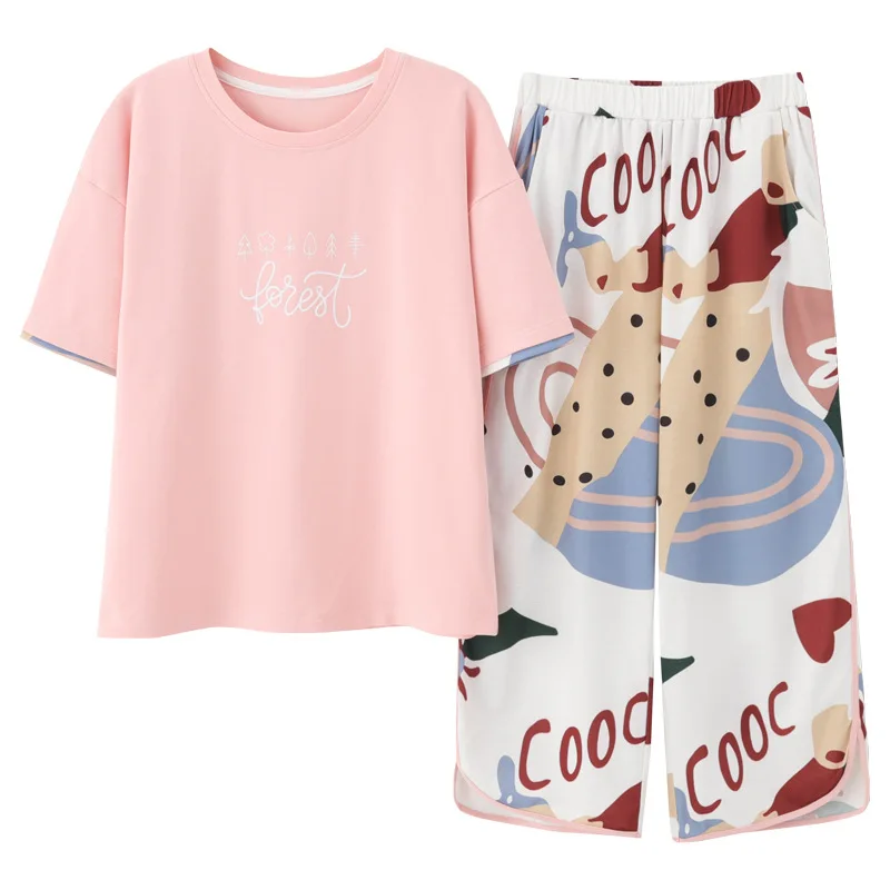 

Ladies pajamas summer cotton suit 7 minutes of pants pure fresh sweet girl short sleeves household cotton thin Simple natural