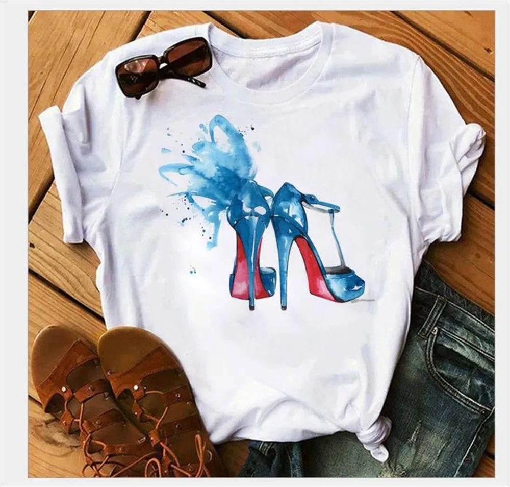 

Plus Size Tshirts Women Summer Shorts Sleeve High Heels Pattern Printed Ladies Tops Casual Oversized Tees Female Clothes