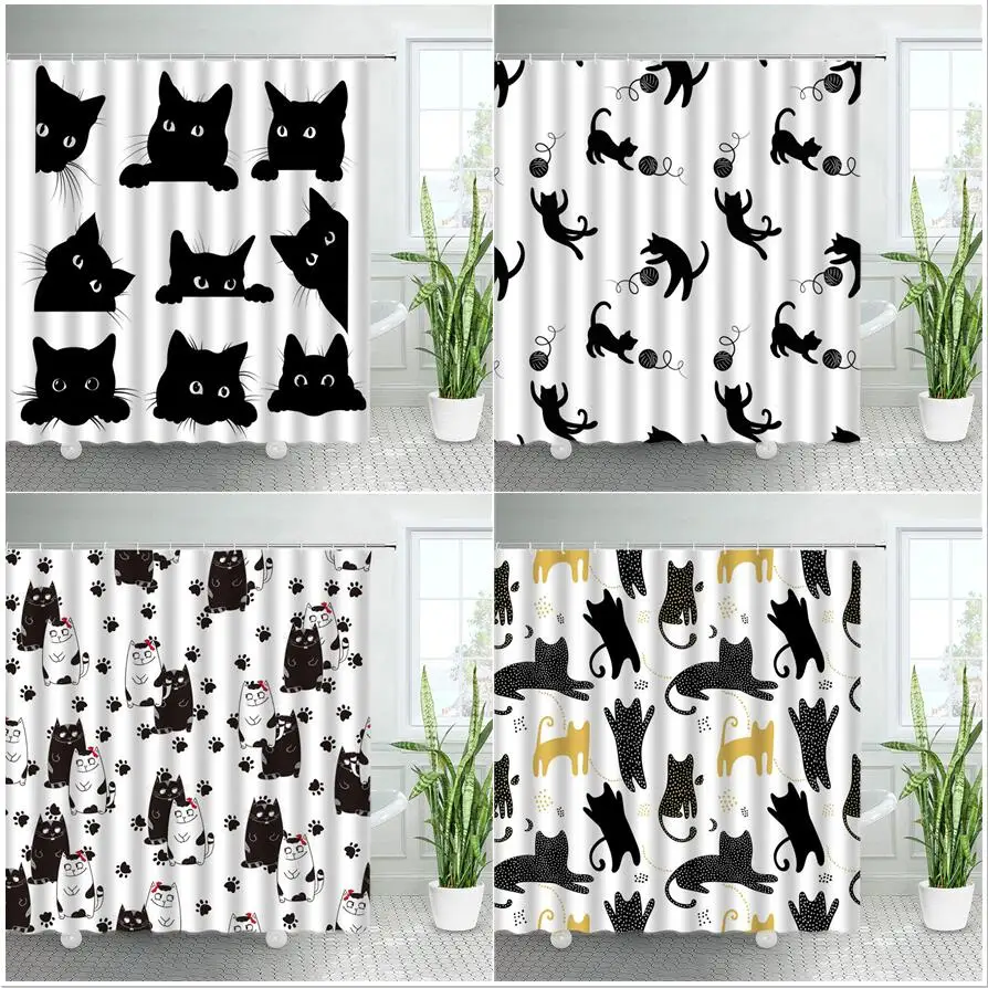 

Black White Cat Shower Curtains Set for Bathroom Funny Animals Cats Lovers Polyester Fabric Girl Woman Bathtub Decor with Hooks
