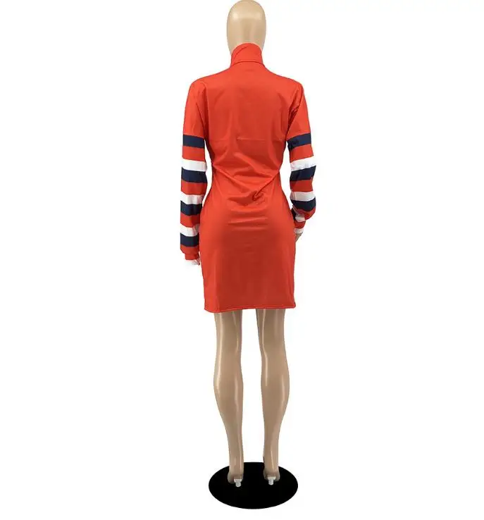 

New style woman dress Digital printed zipper long sleeve stripe dresses skirt rope casual plus size clothing vestido de mujer