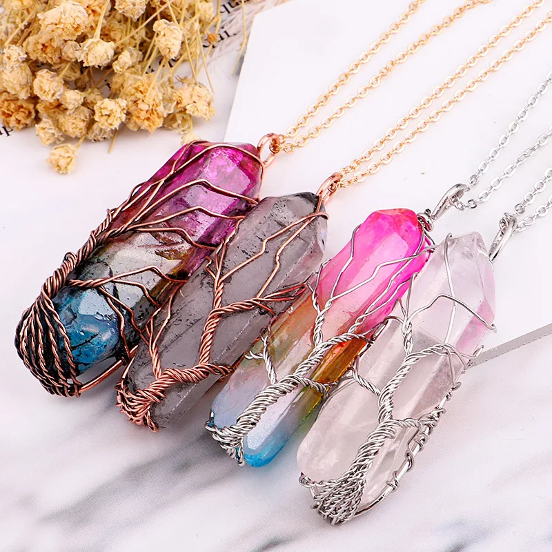 

6pcs/lot Wholesales High Quality Natural White Crystal Colored Hexagonal Pillar Tree of Life Pendant Necklace Charms Jewelry