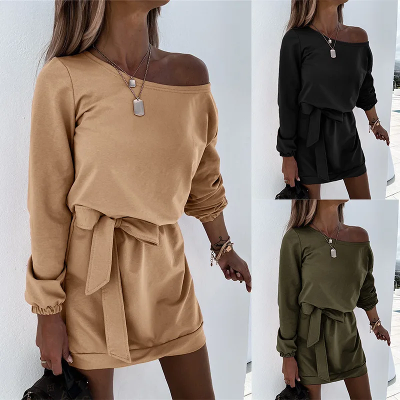 

Women's Dress New Irregular Shoulder Belt Slim Satin Dress sexy club clothes vestido dress robe