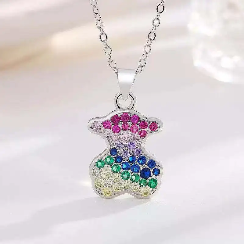 

Fashionable Explosion Shiny Full Rhinestone Necklace Teddy Bear Pendant Women Clavicle Chain Sweet Aesthetics Angry Jewelry Gift