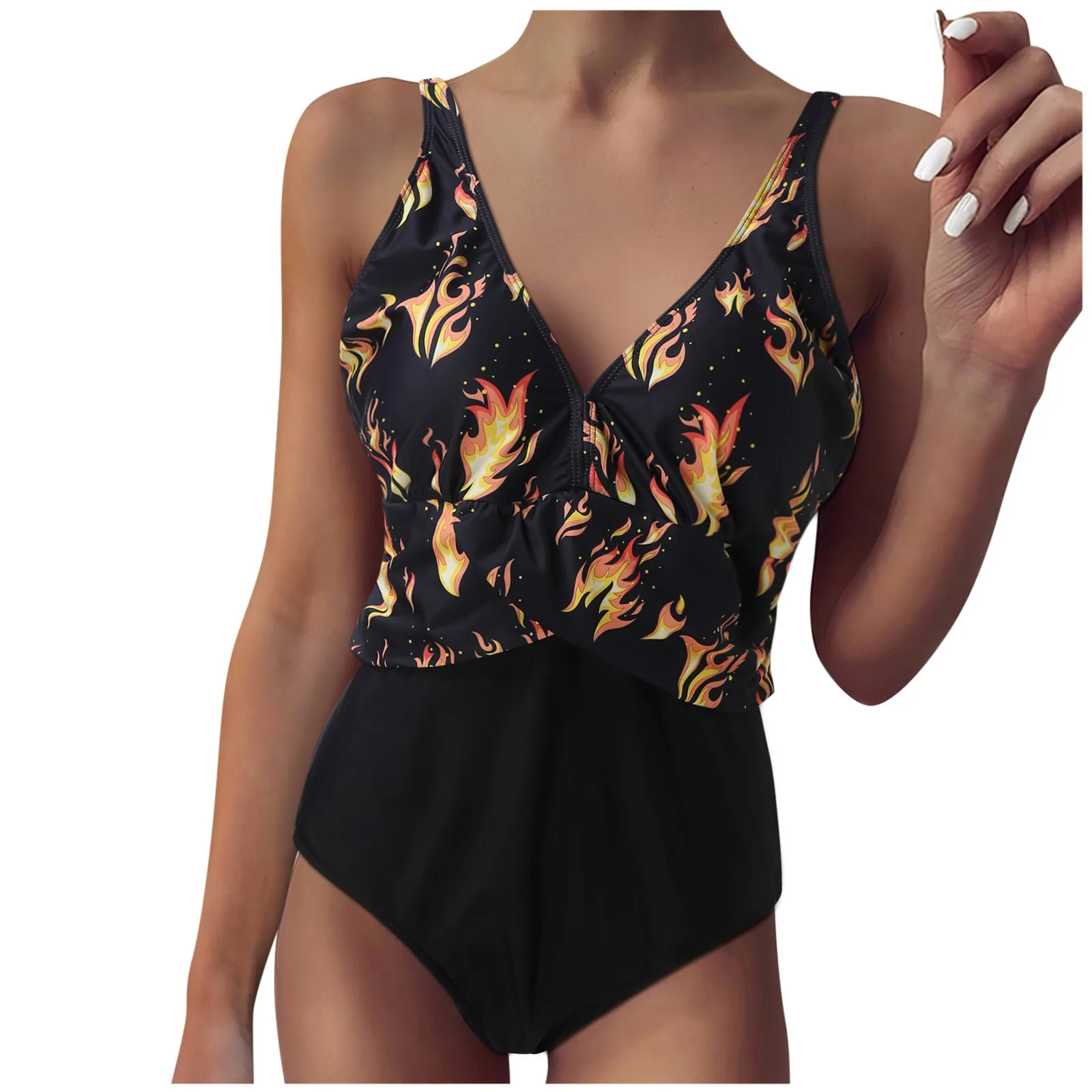 

Small Flame Printing One Piece Swimsuit Splicing V Neck Bra Bikini Beach Ladies Plus Size L-5XL 2021 New Summer Swimwear A50