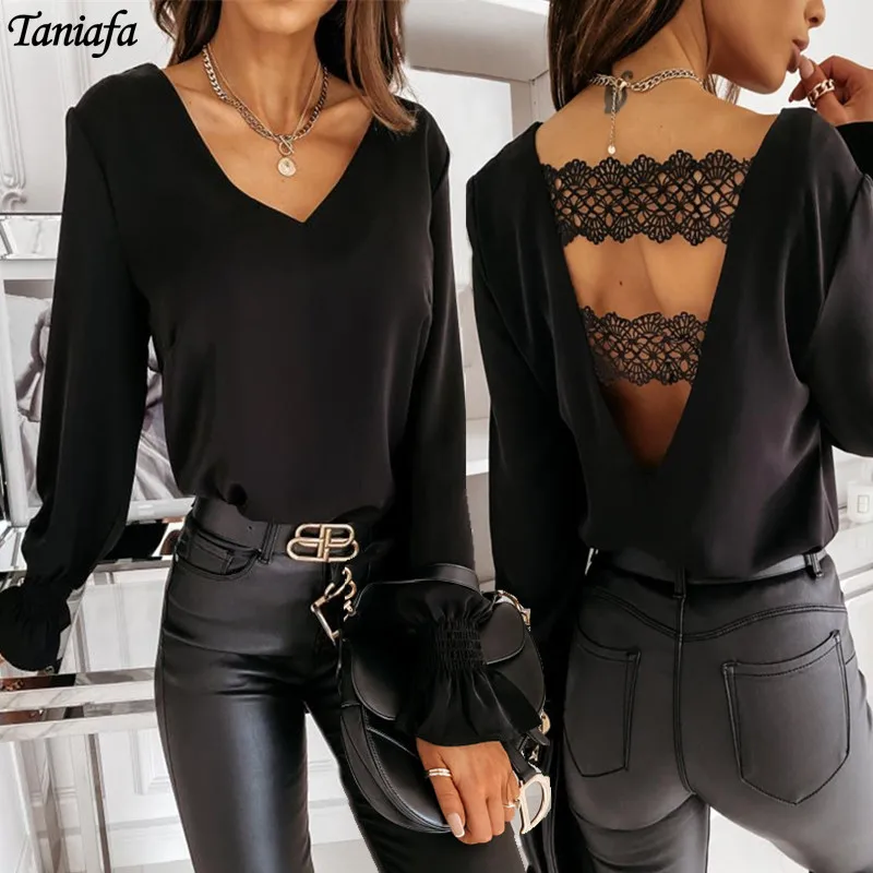 

Lace Blouse Fashion V-neck Long Sleeve Back Hollow Out Lace Shirts Office Ladies Blouse 2021 Summer Casual Solid Female Tops