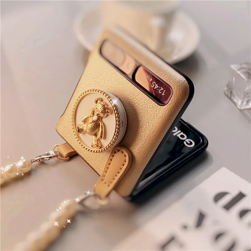 classic bear cases for samsung zflip case leather lanyard bracket diagonal folding phone case for samsung z flip 5g f7070 f7000 free global shipping
