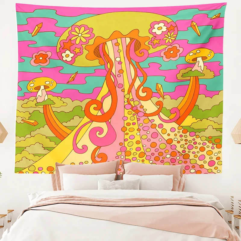 

Psychedelic Colorful Mushroom Tapestry Hippie Wall Bedroom Bedside Background Wall Cloth House Renovation Cover Wall Cloth