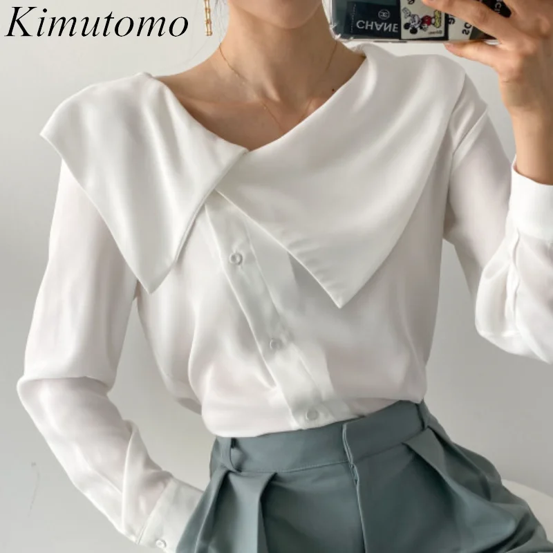 

Рубашка Kimutomo женская с длинными рукавами, шикарная блузка в Корейском стиле, модная Асимметричная универсальная с лацканами и скошенными п...