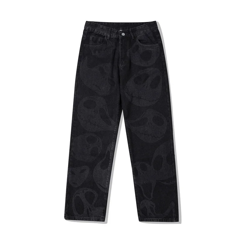 2021 New Arrival Skull Full Print Punk Men Straight Baggy Jeans Trousers Hip Hop Oversize Women Wide Denim Pants Pantaloni Uomo