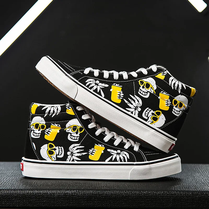 

Новинка весна-лето парусиновые туфли классические мужские черно-белые высокие туфли с черепами для студентов Ins модные туфли для доски