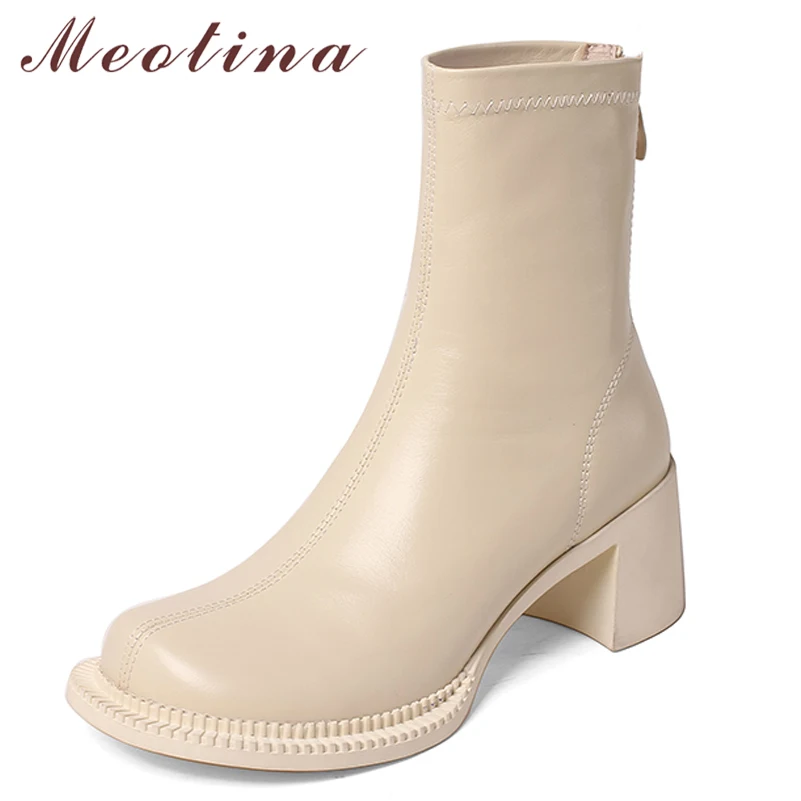 

Meotina Women Genuine Leather Ankle Boots Platform Thick High Heel Fashion Boots Zipper Round Toe Lady Boots Autumn Winter Beige