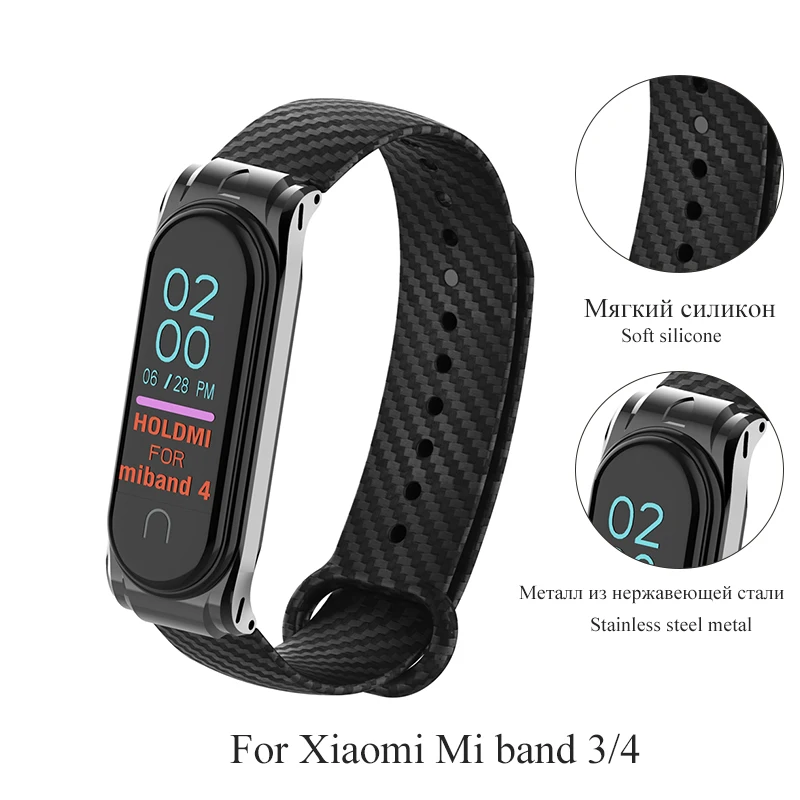 Hangrui mi Band 4 силиконовый чехол из углеродного волокна для Xiaomi mi band 4 ремешок металлический каркас браслет mi band 3 ремешок из нержавеющей стали