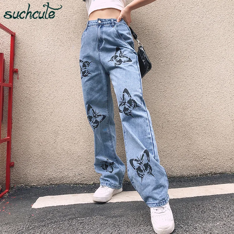 SUCHCUTE с принтом бабочки женские джинсы штаны опущенным низом широкие брюки для