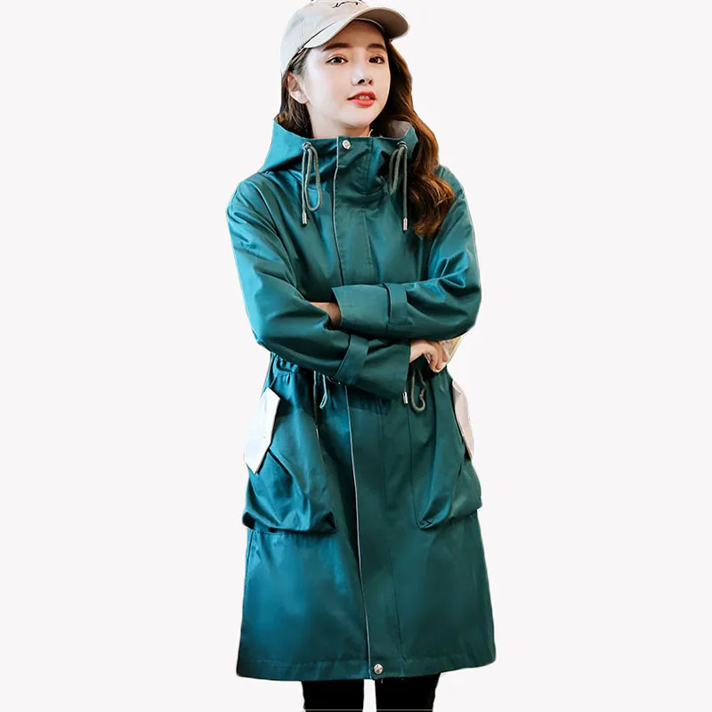 

Fad Fashion Women Trench Coat Spring Autumn Clothing Hooded Overcoat Outwear Slim Long Trench Elegant Female Windbreakers Coat