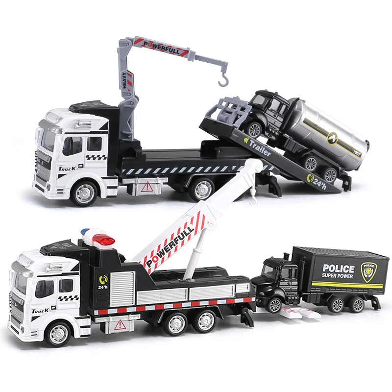 19CM Pull Back Crane Trailer Tow Truck Model Toy Alloy Diecast City Rescue Police Vehicle Oil Tank Car Toy for Boy Children Y191