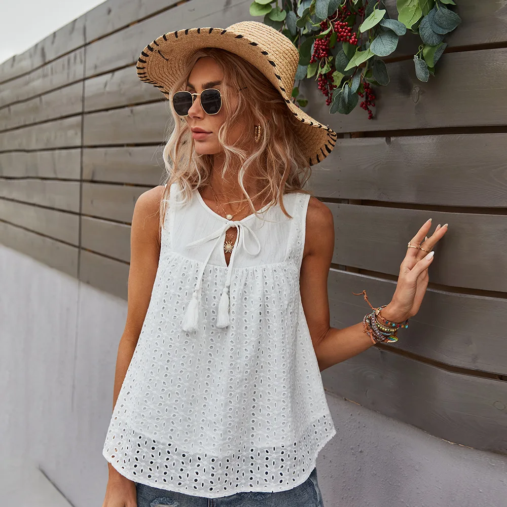 

2021 летняя хлопковая Футболка с вырезами, топы, модные женские топы без рукавов, кружевные однотонные повседневные рабочие блузы, Белый Топ