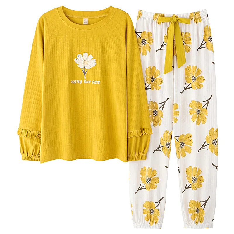 

New Spring Autumn Women's Pajamas Suit Long Sleeved Cotton Nightgowns Korean Style Loose Large Size Casual Home Sleepwear