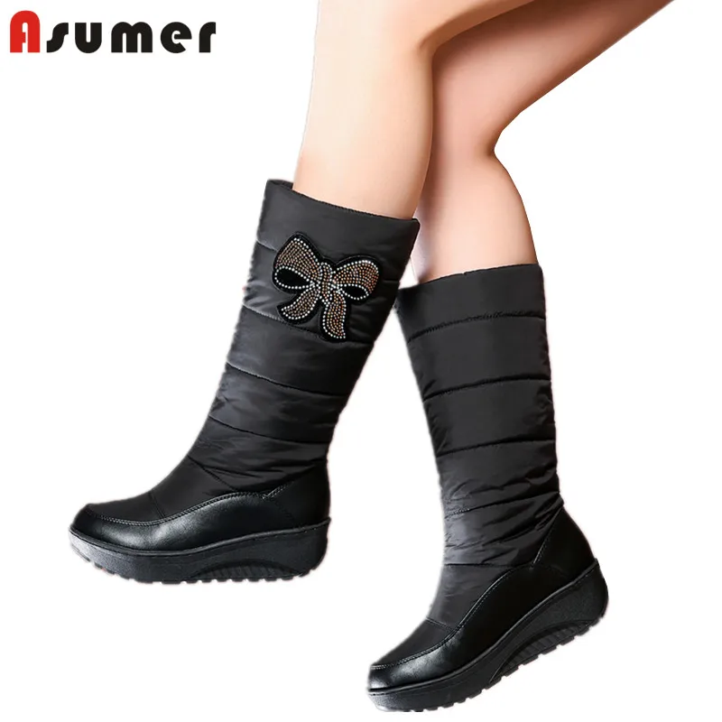 ASUMER/Большие Размеры 35-44 и выше, стразы, Элегантные Зимние сапожки с бантом, Зимние ботинки женская обувь на толстой подошве; ботинки на платформе до середины икры женские ботинки на меху туфли из хлопка