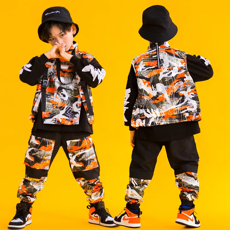 

Kid Hip Hop Clothing Turtleneck Sleeveless Jacket Top Camo Tactical Cargo Pants for Girls Boys Dance Costume Clothes Street Wear