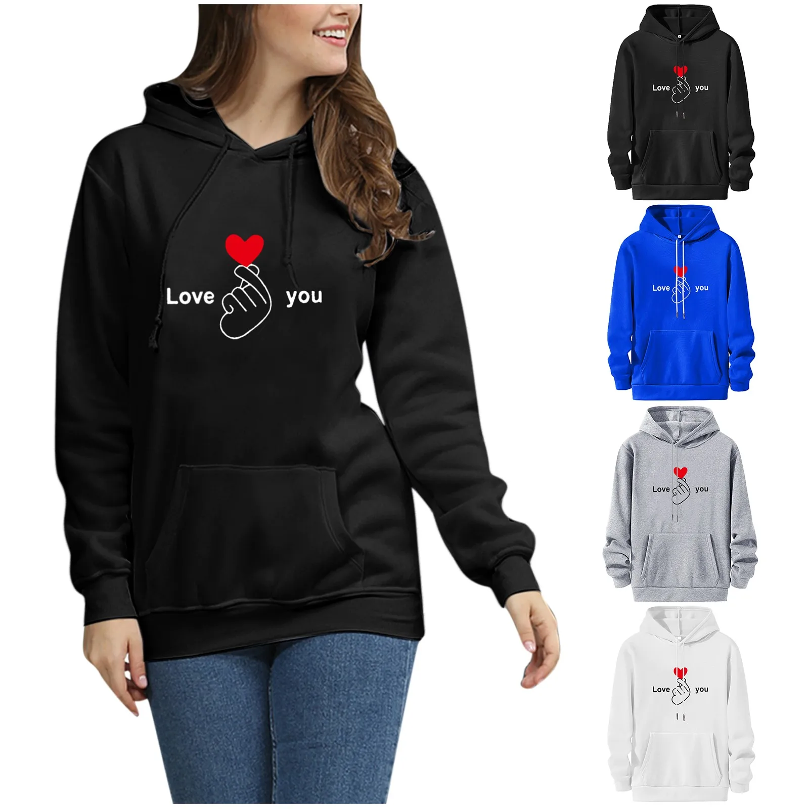 Fashion Love You Print Hooded Casual Sweatshirt Loose Pockets Tops Streetwear Female Autumn Winter Long Sleeve Womens Outerwear