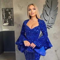 blue mermaid evening dresses 2021 luxury sexy sequin flare sleeve ball gowns sparkle long sleeves party dress robes de soir%c3%a9e