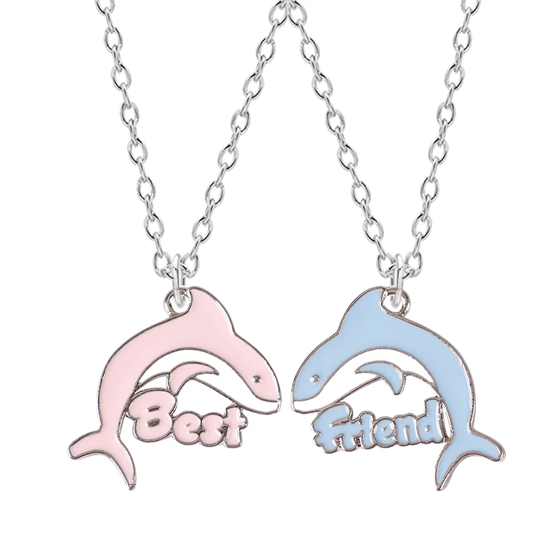 

Fashion Good Friend Necklace Cartoon Alloy Blue Powder Dolphin Stitching BFF Pendant Men And Women Friendship Jewelry Necklace